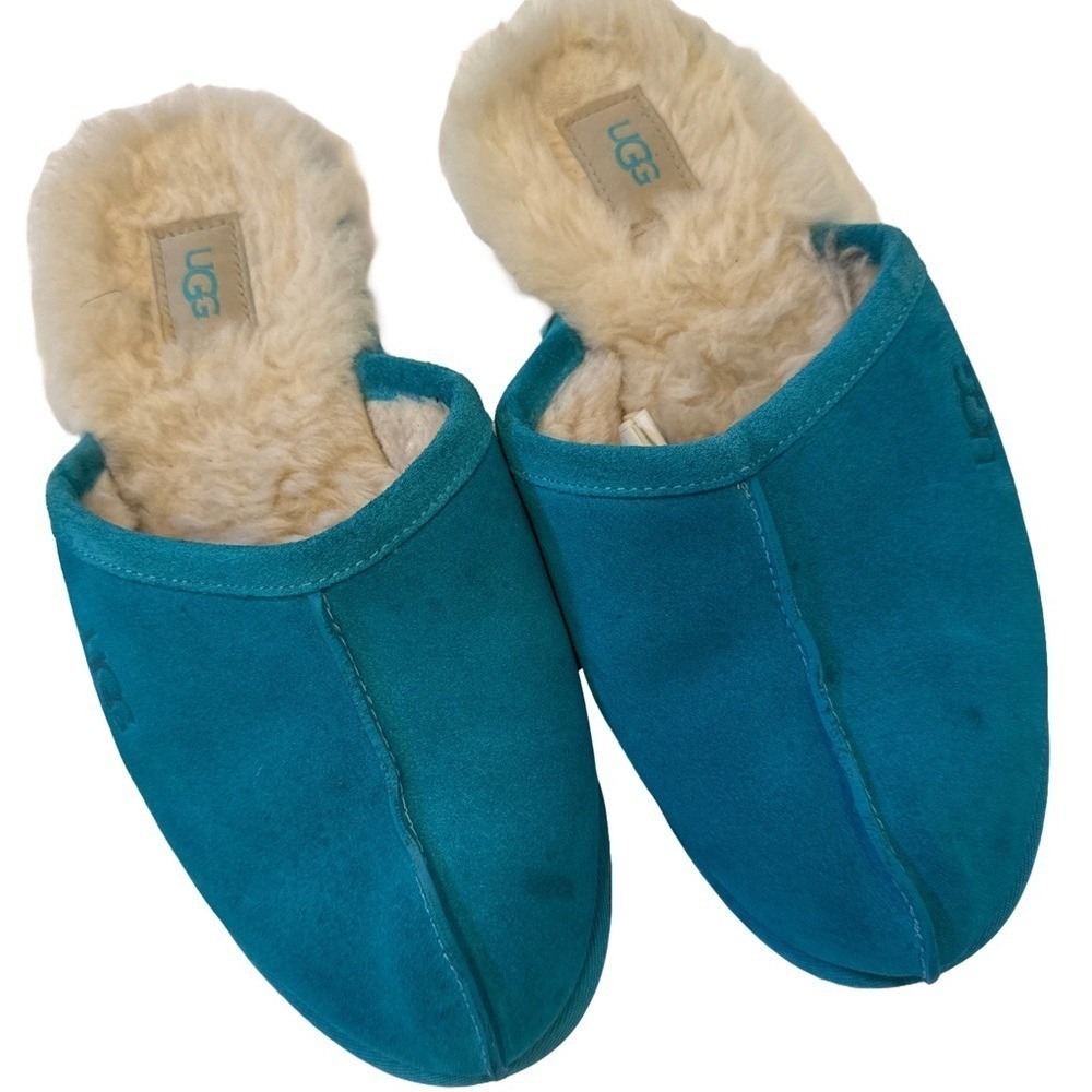 UGG Teal Suede Sheepskin Scuff Slippers Men's 9 / Women's 11 Slip-On Indoor Cozy